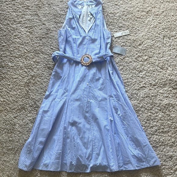 Eliza J Dresses & Skirts - Eliza J Blue Striped Belted Halter Dress with Pockets Sz 12 NWT